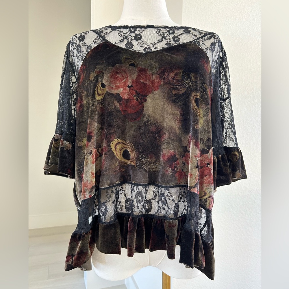 POL Romantic Olive Green Rust Floral Velvet Black Lace Asymmetrical Top Medium - Picture 2 of 7